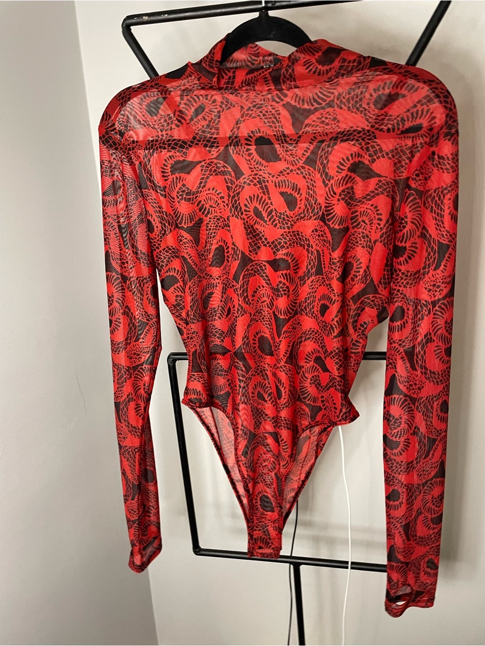 I.AM.GIA Red and Black Sheer Snake-Print Bodysuit